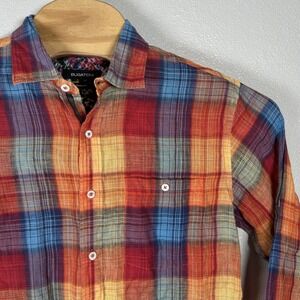 Bugatchi Shirt Mens Medium Orange Plaid Linen Shaped Fit Long Sleeve Button Up